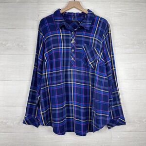 Torrid Women 3X Long Sleeve Shirt Tunic Navy Plaid Button Back Crinkle Gauze
